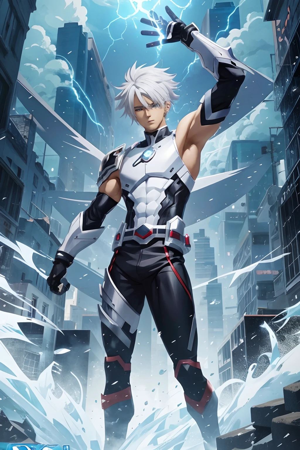 anime character with white hair and black body standing in a city, best anime 4k konachan wallpaper, badass anime 8 k, an epic anime of a energy man, tall anime guy with blue eyes, male anime character, 4k anime wallpaper, 4 k manga wallpaper, anime art wallpaper 4k, anime art wallpaper 4 k, anime style 4 k