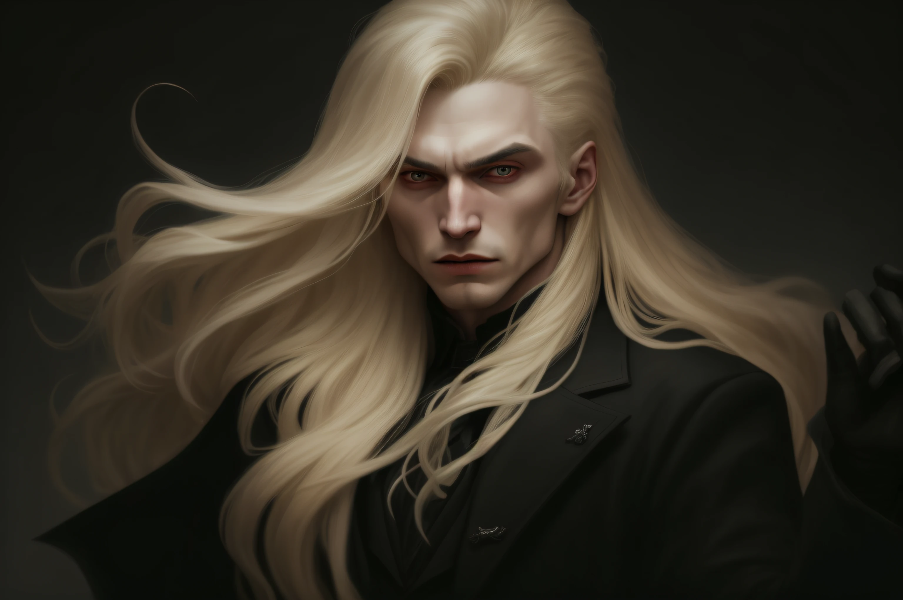 a vampire with long blond hair and a black overcoat