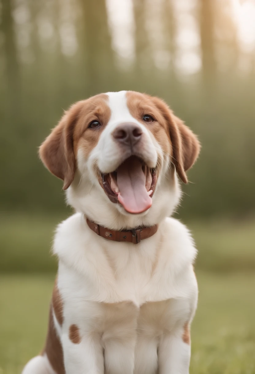 The cutest but also the biggest dog ever, brown and white spots, tongue out, happy expression, sitting down, looks like it could be very viscous, huge in size
