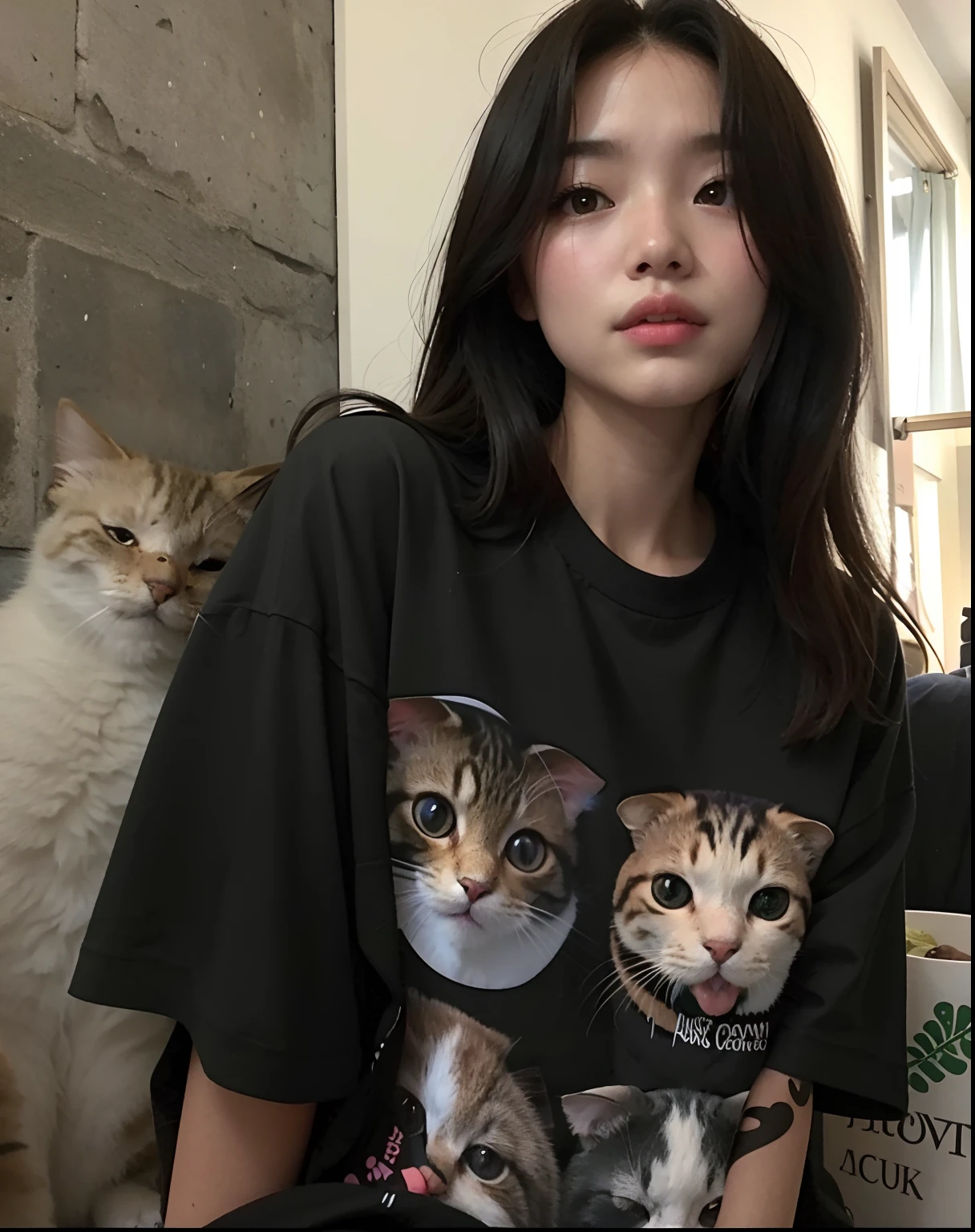 There is a woman who is posing for a photo with a cat on her shirt, com gatos ao seu lado, Ulzzang, muito bonita gatinha fofa, Woman / cat hybrid, jossi do blackpink, dilraba dilmurat, jennie blackpink, Bae Suzy, vestindo uma camiseta, there is a cat next to her, menina coreana, exclusivo