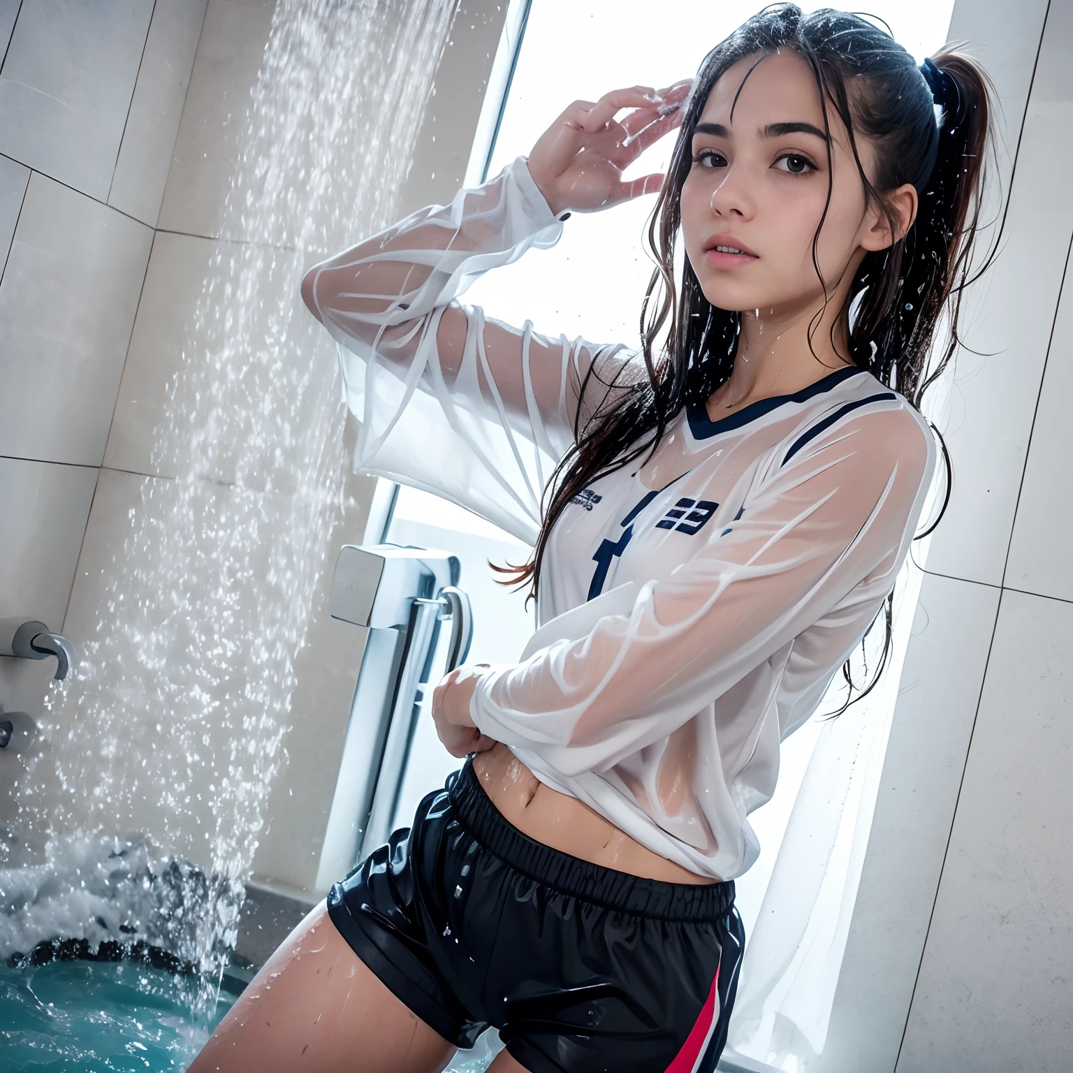 college girl showering in her soccer uniform, wet clothes, wet body, wet hair, sensual, see through, playful, splashing, soaked, drenched, dripping wet, transparent, long shirt, looking at viewer, varied poses