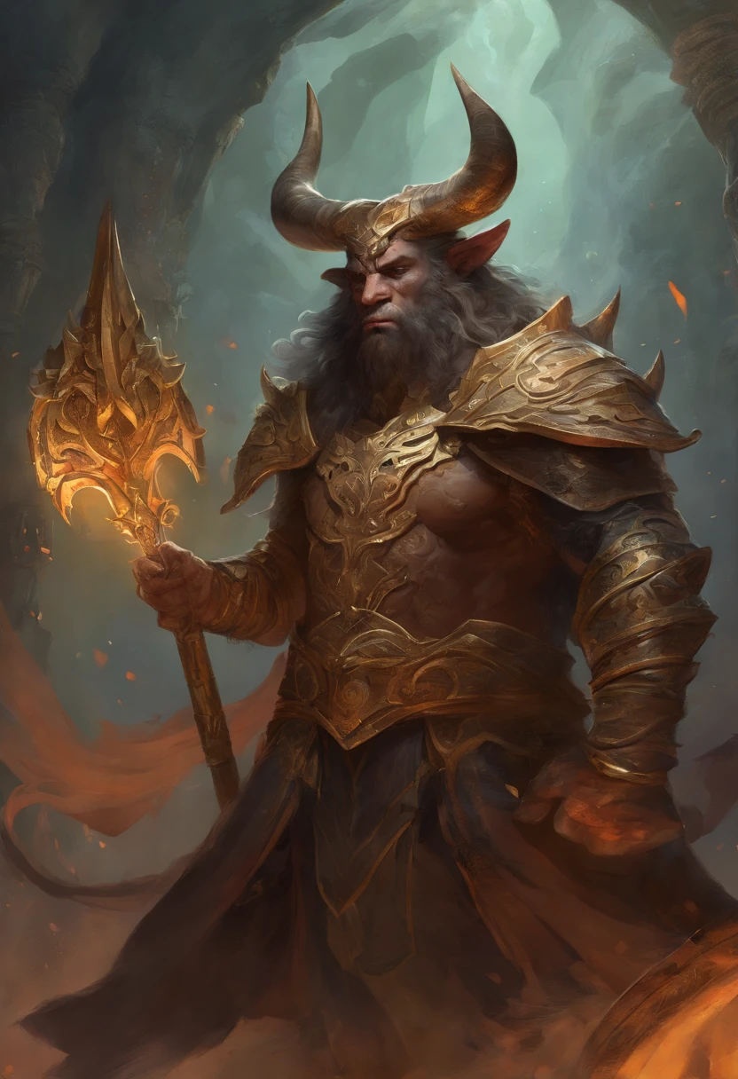 Un majestuoso Minotauro, con una imponente cabeza de mujer adornada con profundos cuernos en espiral, ojos expresivos, atletic, Tunics Routes. The bull's skin is dark brown and covered by a thin, Abrigo corto. Standing, Listo para la batalla, A large axe in one hand and a determined expression on his face.