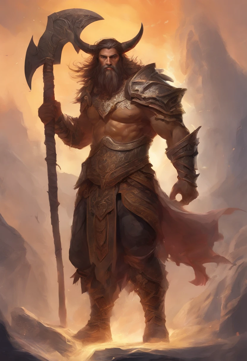 Un majestuoso Minotauro, con una imponente cabeza de mujer adornada con profundos cuernos en espiral, ojos expresivos, atletic, Tunics Routes. The bull's skin is dark brown and covered by a thin, Abrigo corto. Standing, Listo para la batalla, A large axe in one hand and a determined expression on his face.