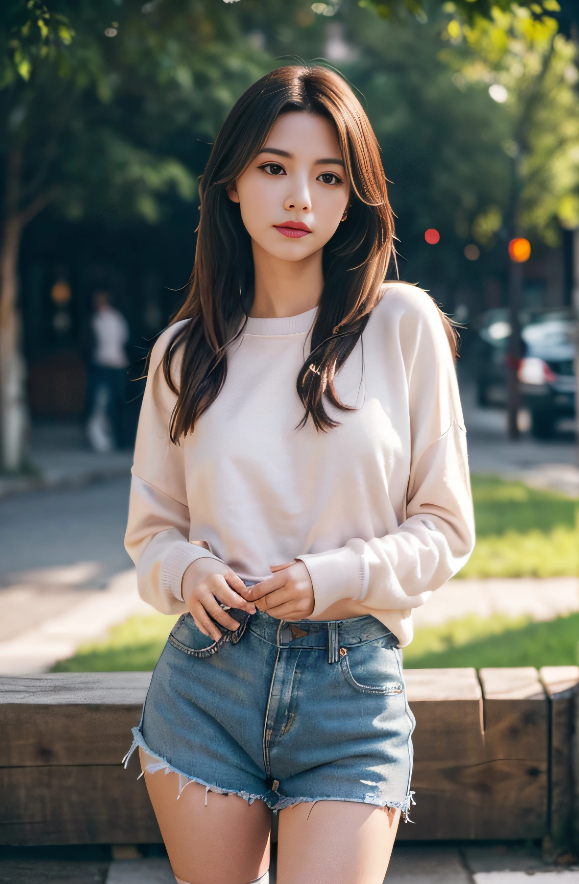 (RAW photo) a girl with sweatshirt blouse and shorts, long stockings, (medium breasts), medium long hair, hands in the back, depth of fields, Realistic light, Hyperrealistic, best quality, 8K, ((detailed hands)), Correct anatomy.