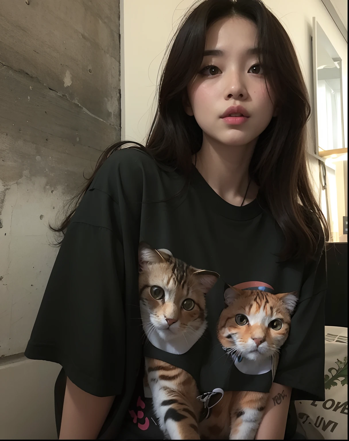 There's a woman who's posing for a picture with an orange cat on her shirt, Ulzzang, muito bonita gatinha fofa, Woman / cat hybrid, jossi do blackpink, dilraba dilmurat, Jennie Blackpink, Bae Suzy, vestindo uma camiseta, coreana, exclusivo