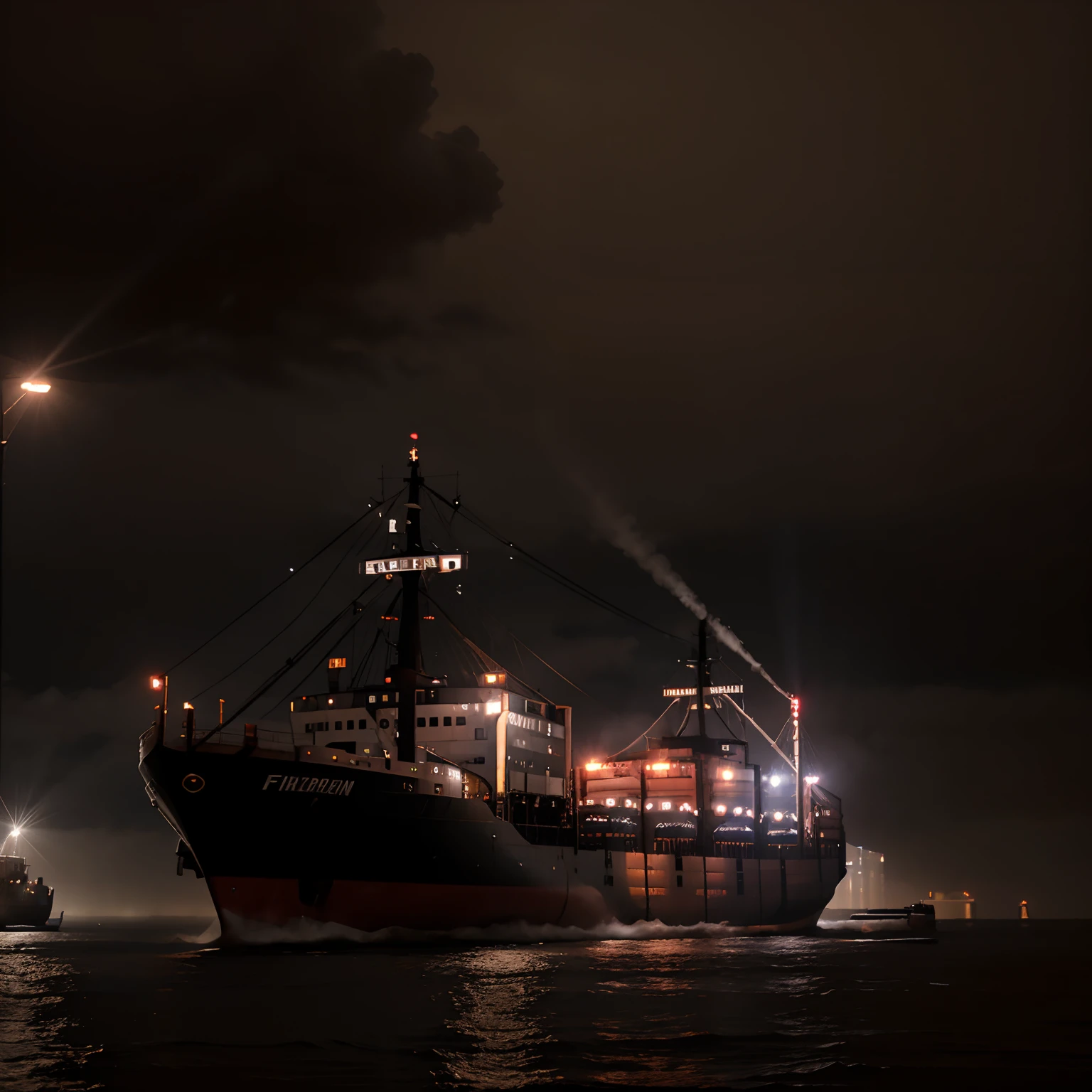 A photo of a great lakes freighter going through a foggy storm at night with all its floodlights on