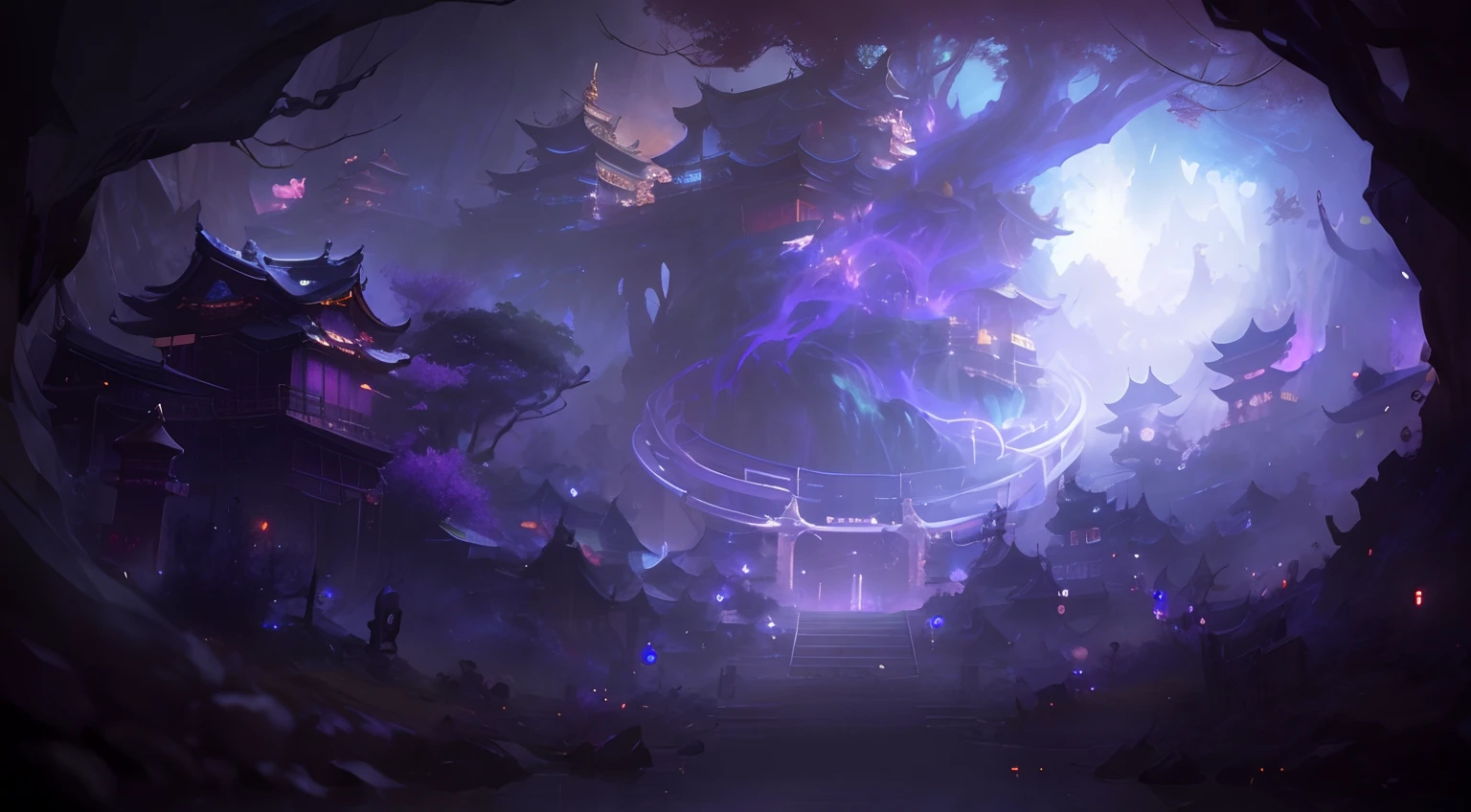 ((masterpiece)), (8k, high_resolution), (best quality), ultra-detailed, (purple lighting), chinese architecture, old chinese town, cinematic lighting, onmyoji detailed art, concept art magical highlight, background artwork, league of legends concept art, magical background, background art, entrance to ethereal realm, dota 2 concept art, riot games concept art, luminescent concept art, mysterious temple setting, magical concept art, odin's stone arena background, traditional japanese concept art, anime scenery concept art, onmyoji detailed art, japanese town, concept art stunning atmosphere, beautiful concept art, 2. 5 d cgi anime fantasy artwork, japanese city, a bustling magical town, dreamy chinese town, colorful kitsune city, beautiful detailed concept art