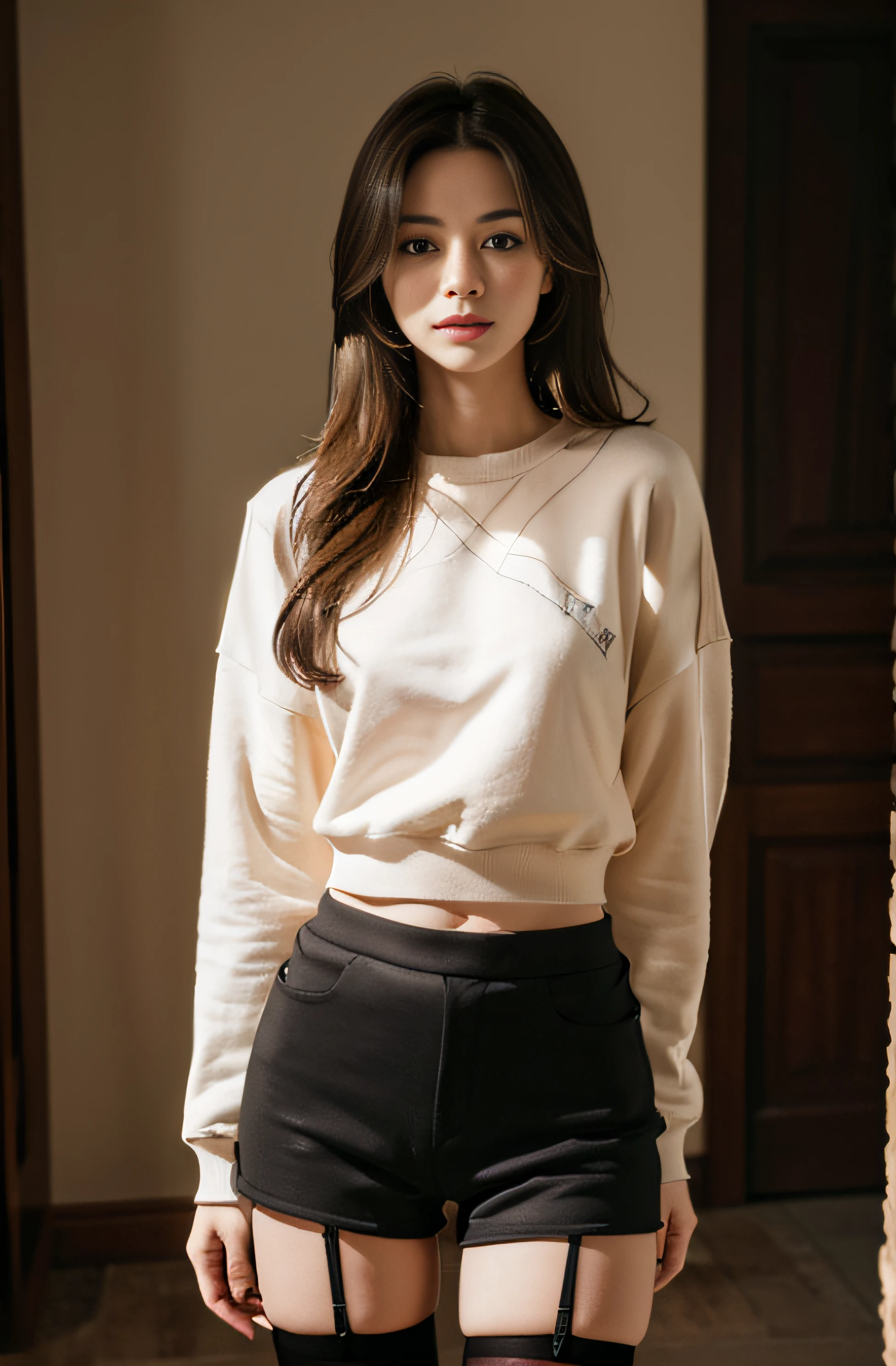 (RAW photo) a girl with sweatshirt blouse and shorts, long stockings, (medium breasts), medium long hair, hands in the back, depth of fields, Realistic light, Hyperrealistic, best quality, 8K, ((detailed hands)), Correct anatomy.