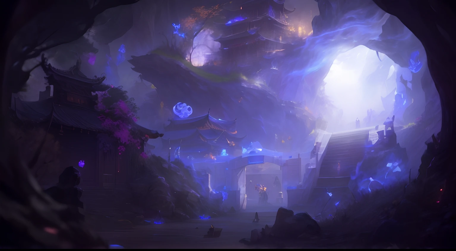 ((masterpiece)), (8k, high_resolution), (best quality), ultra-detailed, chinese architecture, old chinese town, cinematic lighting, onmyoji detailed art, concept art magical highlight, background artwork, league of legends concept art, magical background, background art, entrance to ethereal realm, dota 2 concept art, riot games concept art, luminescent concept art, mysterious temple setting, magical concept art, odin's stone arena background