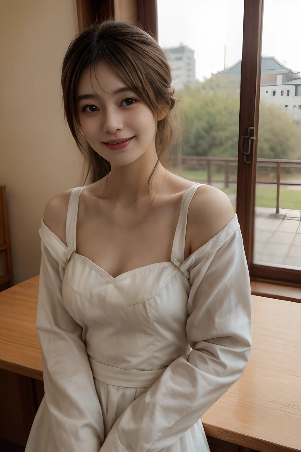 masterpiece、8K、32K、top-quality、A cute Japanese woman、detail portrayal、1 girl in、elegent、28 year old、(Kamimei:1.1)、maid clothes、frilld、cafes、cowboy shot、Angle from the top、ssmile、Sunlight from the window