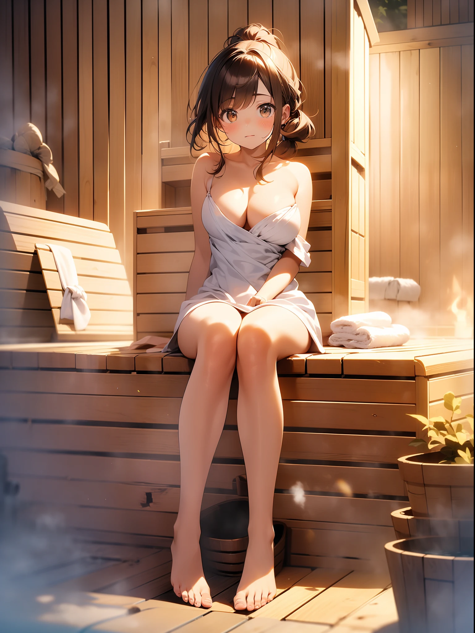 in 8K、top-quality、masterpiece、ultra-detailliert、Ultra-high resolution、((1 persons))、girl with、brown haired、poneyTail、((((Sauna room))))、((perspiring))、Red face、Hide your breasts with a bath towel、((steams))、Hot