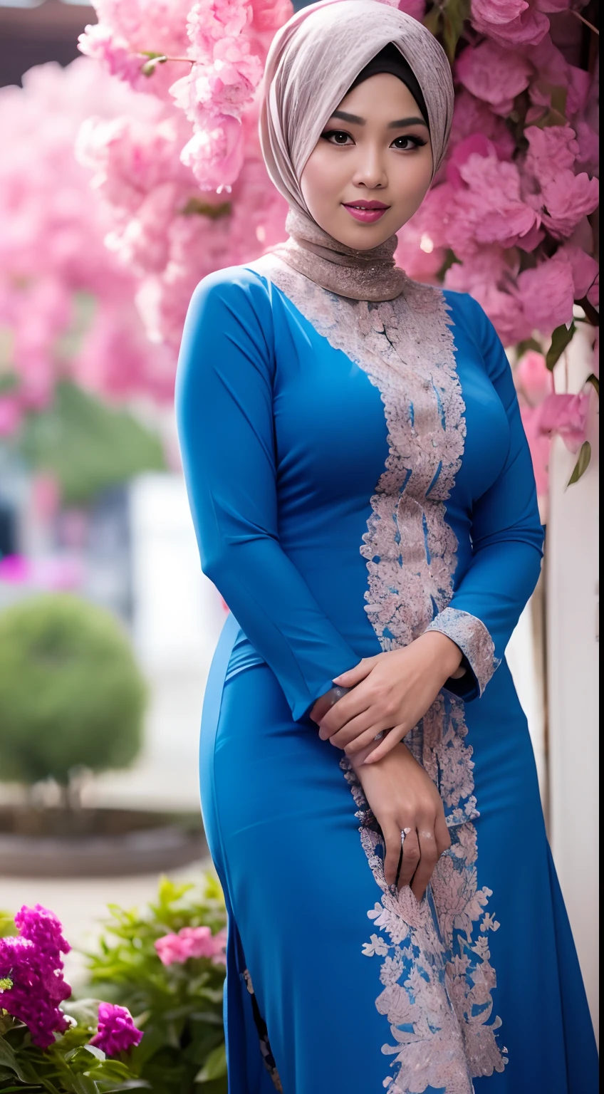 1 malay girl , modern plain hijab, shy, medium portrait shot , watery eyes ,droopy eyes, watery, lip glossy, sad face, ((big breast)), wear java wedding woman in kebaya purple dress berendra, kebaya batik, (big breast) , flower garden background, bokeh background, proportional body,