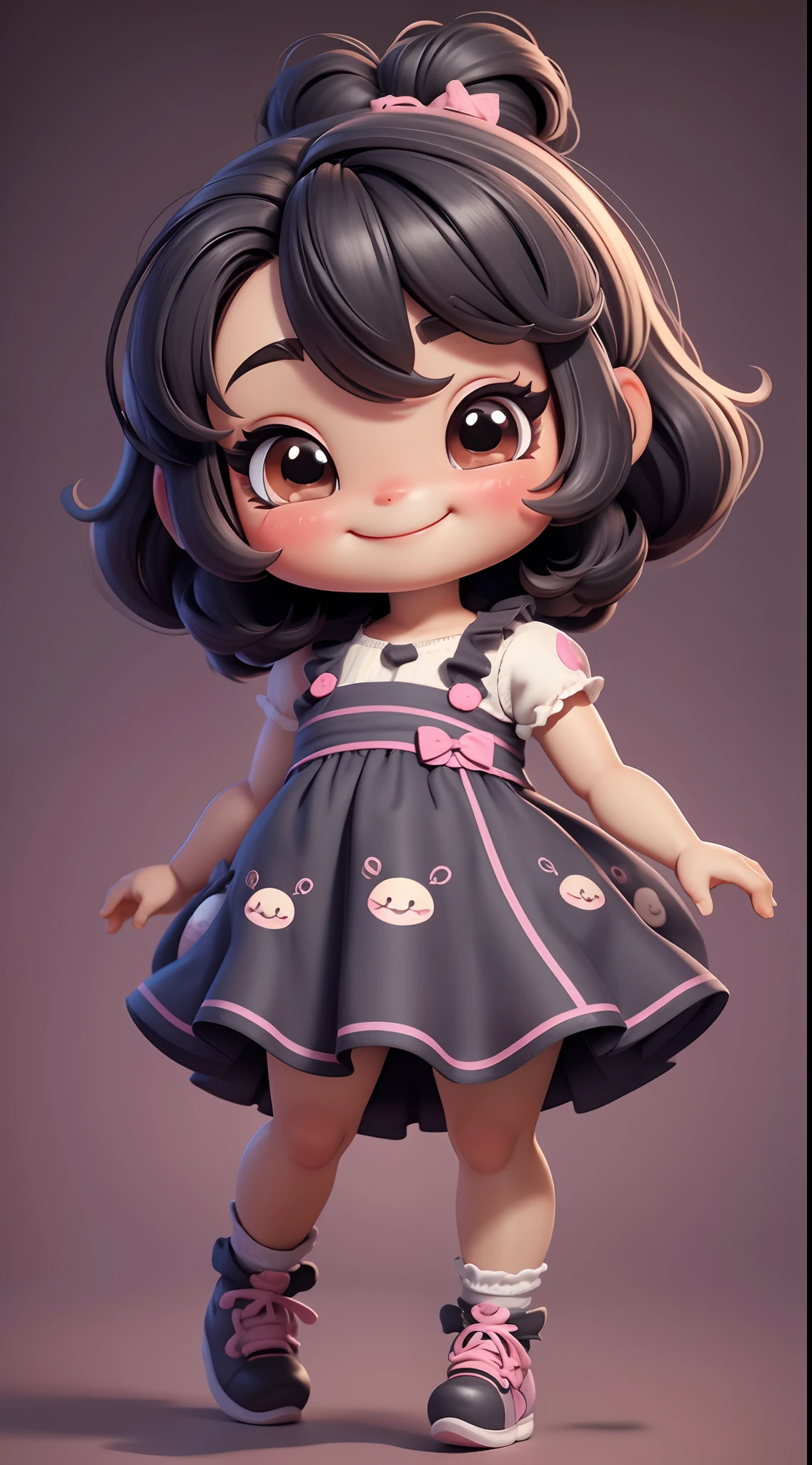 A cute baby chibi style dolls smiling, vestido bonito, Bombas, dynamic pose, inclinando-se para a frente,
adicionar sombras, texturas e detalhes para os cabelos, Clothes, Bombas,