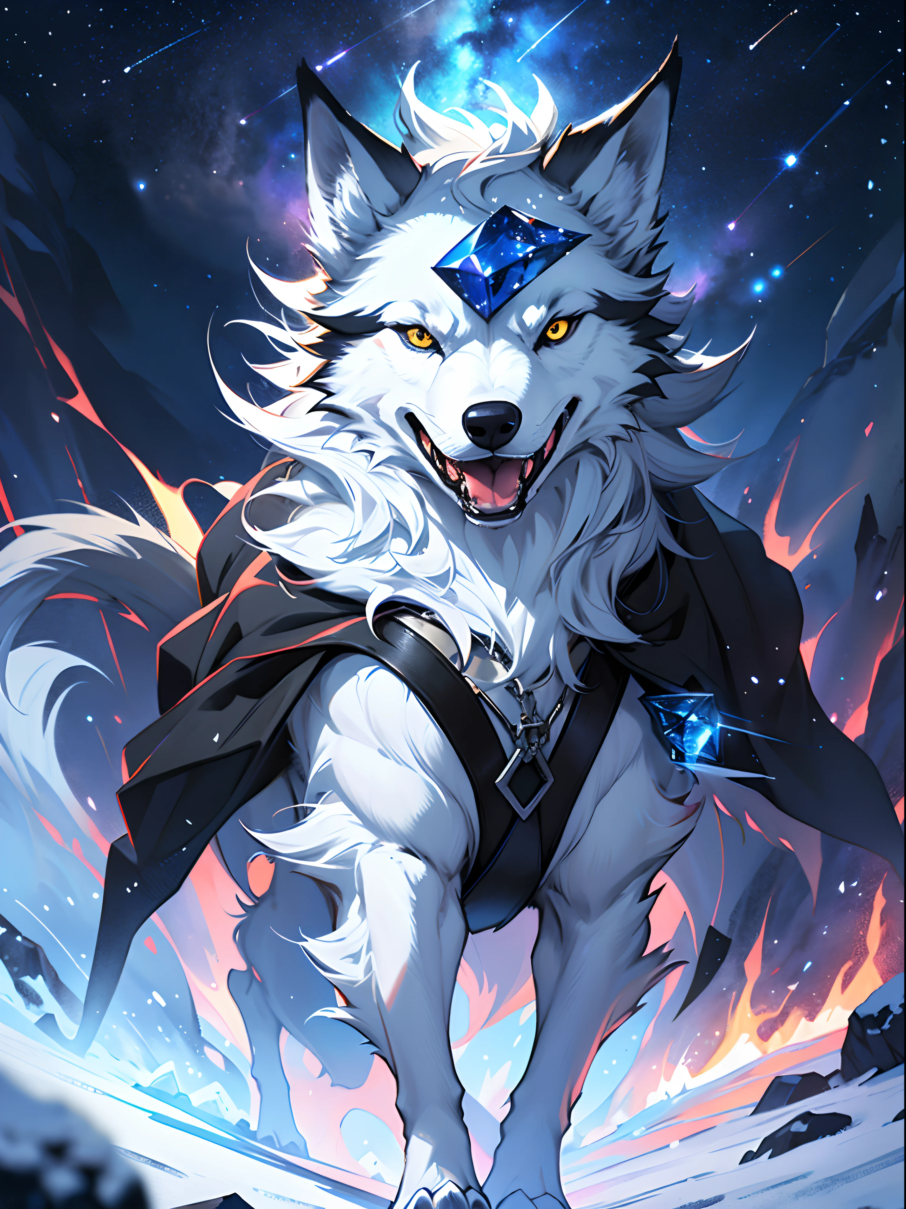 A strong arctic wolf, a sapphire on his head, a hideous face, open his mouth, show his teeth, exude murderous aura, black magic, (mysterious atmosphere), (complex details), snow, night, starry sky, full body photo, whit out horn