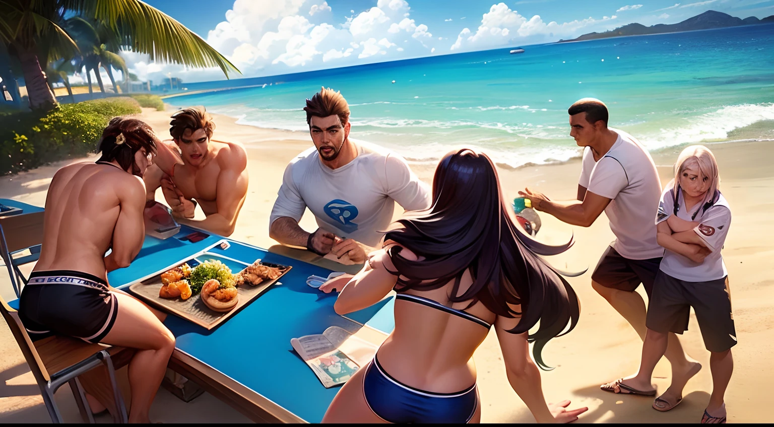 There's 5 guys on the beach playing sports together, (foco nos movimentos), (foco nos personagens), (dynamic scene/movimentada), (foco nos esportes), (estilo de splash arts league of legends), (Bermudas florida), (Camisas de Sol), Characters with visible faces