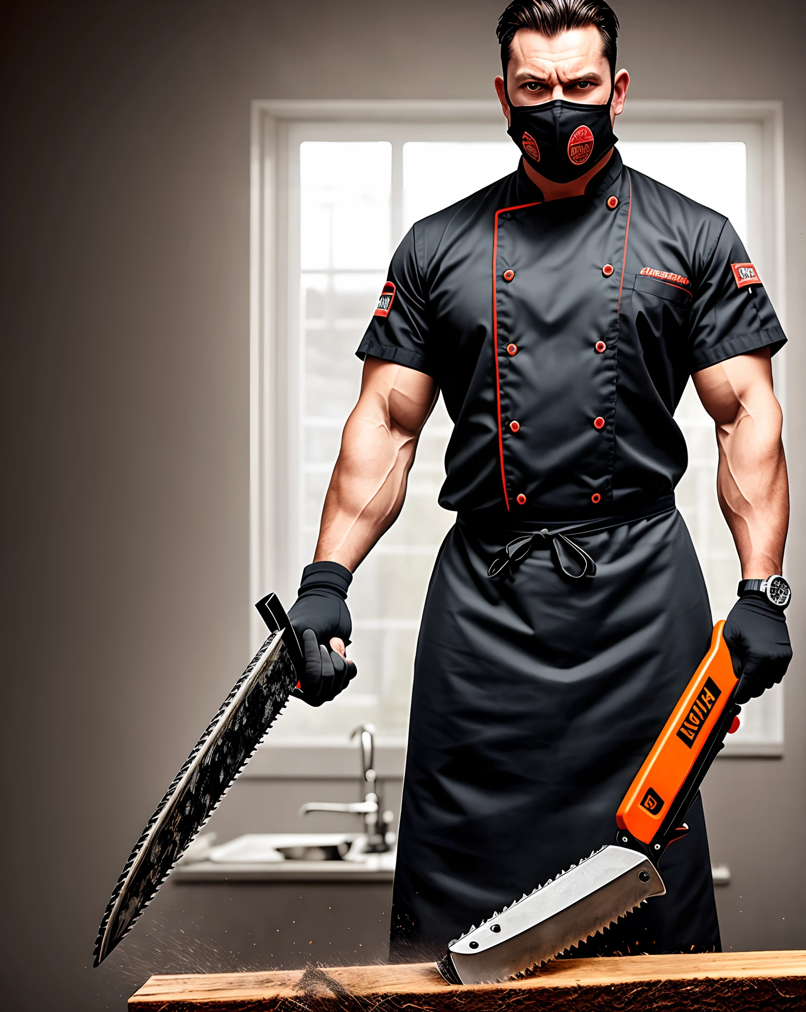 A very tall man, angry looking, has a chainsaw in his hand, and is wearing a chef's outfit, high detail, high quality, 4K UHD, blood, man is wearing mask, high quality, chainsaw is on, man is muscular, buff, strong, scary, horror, full body, entire body, realistic, hyper realistic