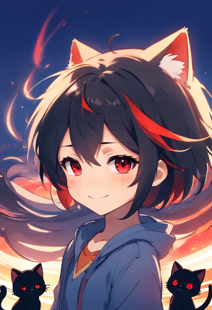 Chibi,cute,boy,guy,male,red eyes,black hair,cat smile,smug,