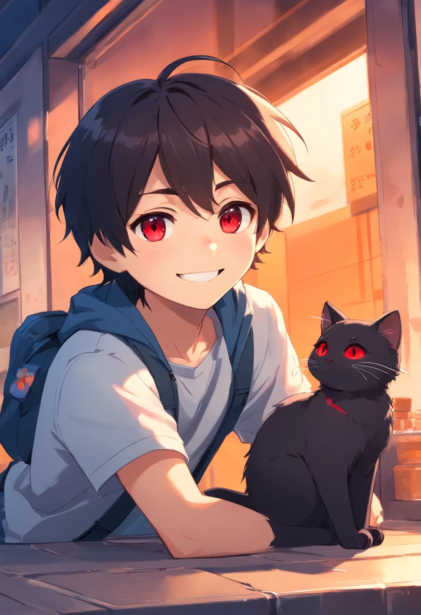Chibi,cute,boy,guy,male,red eyes,black hair,cat smile,smug,
