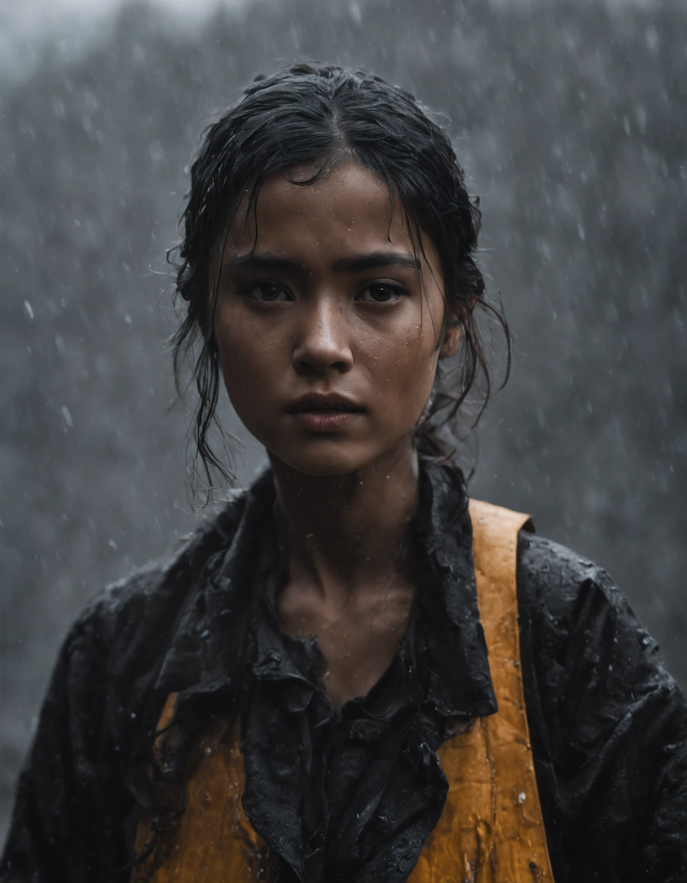 Girl work in coal mine, rain, details, rain, photography, hyper detailed, trending on face, detailed, sharp focus, photo, highly detailed. ,Movie Still, Film Still,(side angle)