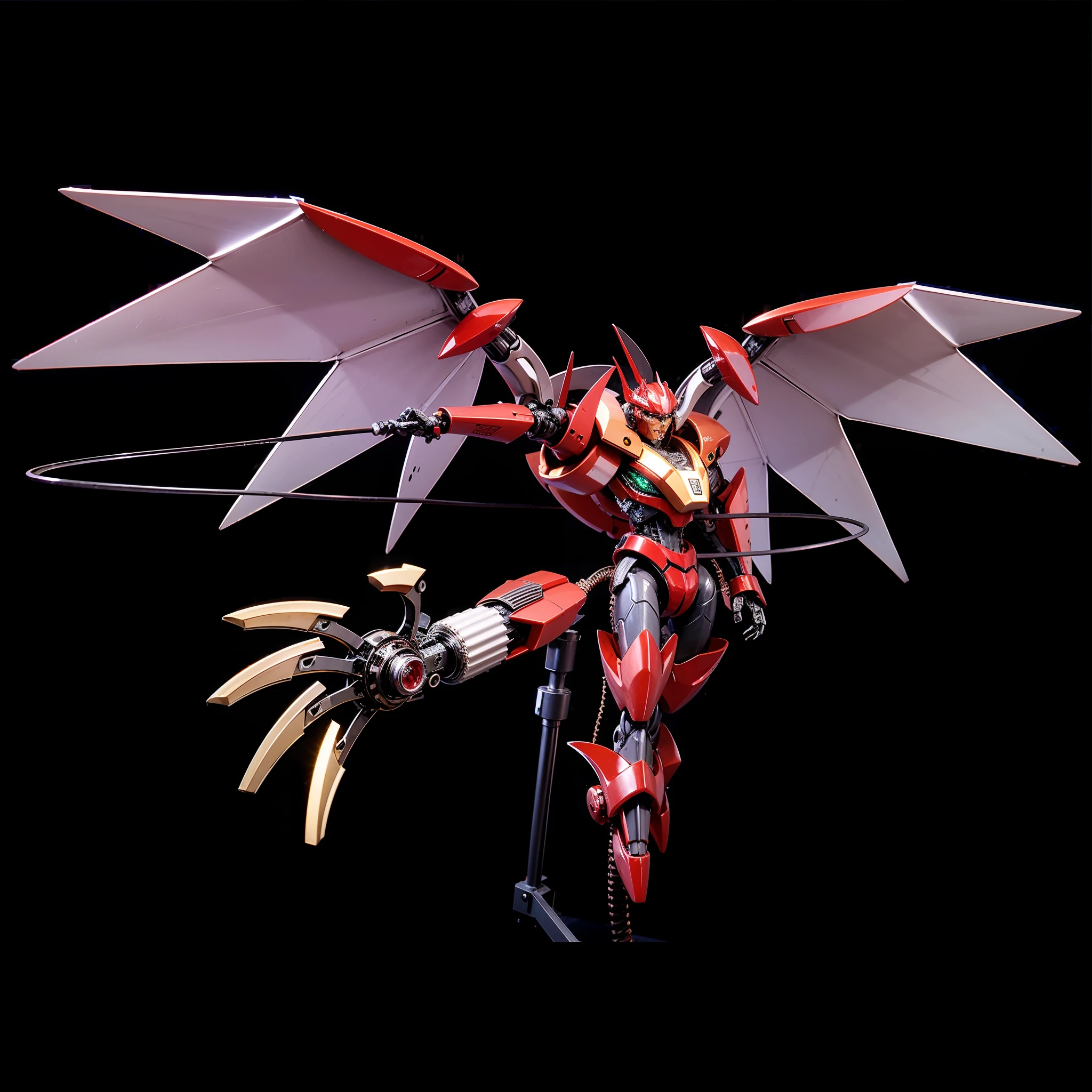 A large mecha robot, Head with red and brown metal parts, Chest with red metal parts, amarelas, cinzas e marrons, compartimento nas costas amarelo, Left arm with brown metal parts, vermelha e cinza, Right arm composed of chrome-plated metal parts and a long iron chain, Legs with red and brown metal parts, asas vermelhas com vidros roxos