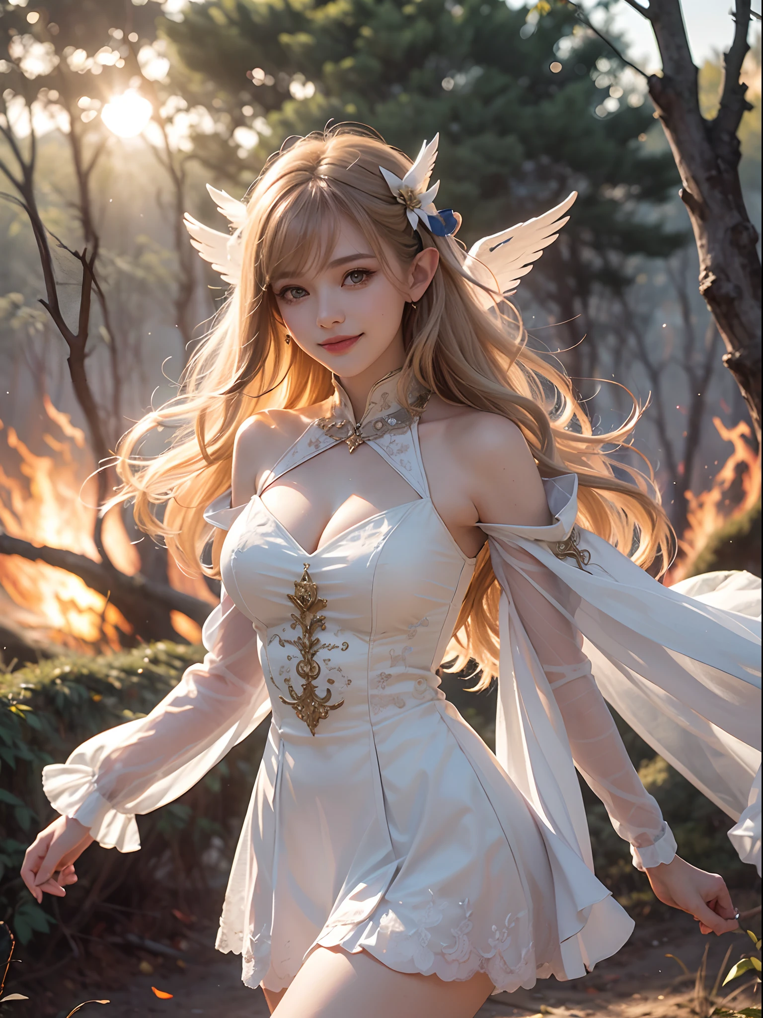 Unbeatable masterpiece, Ultra photo realsisim , Perfect artwork , Intricate details , Best quality , Strong light , High contrast , Dynamic pose , Dutch angle , (Blurry, Depth of field, blurryforeground:1.35) , 1 girl , dress , long hair , elf , wings , solo , hold , white dress, halo , ribbon , bare shoulders , blonde hair , audience , tight shoulders , Bangs , angel wings , wings , forest background , Angel , dress with closed shoulders , gray eyes , whitewings , puffy sleeves , smile , gentle , hair between eyes , long hair , breasts , cleavage , bare legs , short skirt , (((forestfire magic ))) , qingsha,The forest , the trees , (Starlight,Sunset , Lens flare:1.25) ,