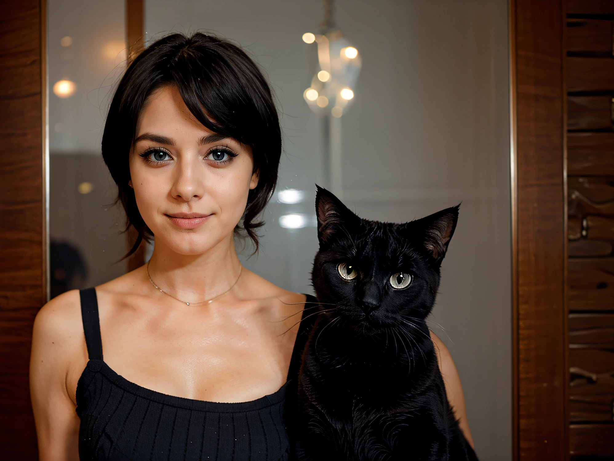 26 year old blue-eyed Argentinian woman with black hair and cat, Luz solar fuera de la ventana