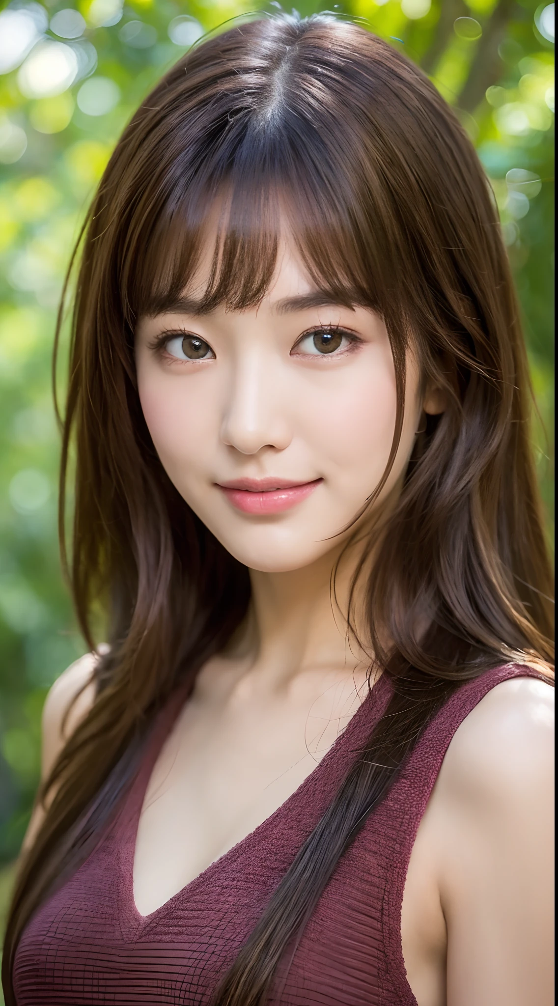 ((Best Quality, 8K, Masterpiece: 1.3)), Bondage Costume (5) Upper Body (1.3), Focus Clear: 1.2, Glossy Skin in the Light, Outstanding Beauty: 1.4, ((Brown Hair, Colossal: 1.2)), Highly Detailed Face and Skin Texture, Not Too Dark Parallel Eyebrows Detailed Eyes, Double Eyelids, Smile (1.3) Natural Makeup, Walking in the Sun Through the Trees (5)