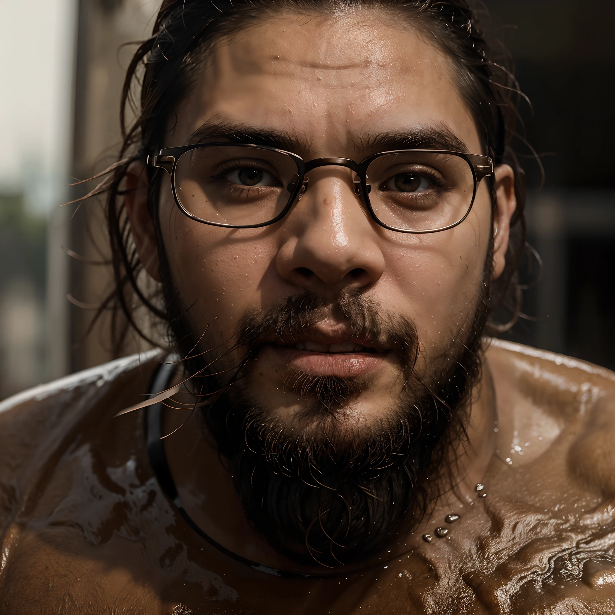close up of huge load of cum on the face of a 35-year-old stocky chubby thick Japanese Judo athlete with beard and short hair and glasses in a mens room