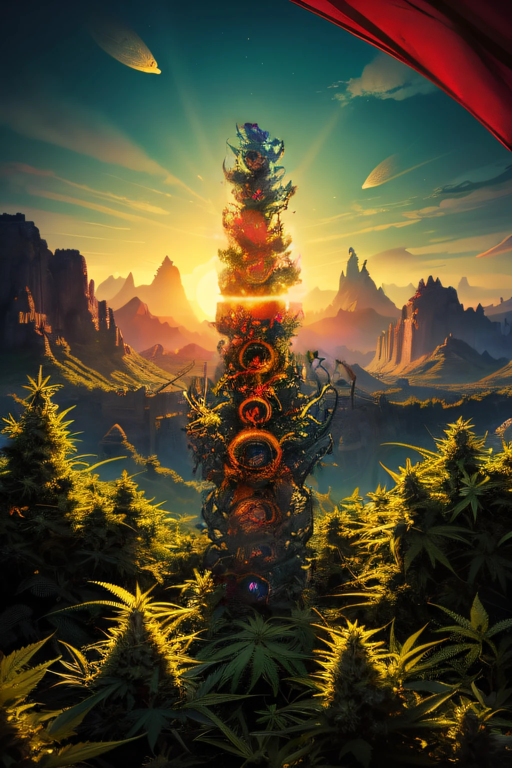 Cannabis in the shape of a cube Cthulhu Mythos,Specializes in surrealism, Futuristic , Cannabis Magician, abstracted, Dark, Red, Hell,Fantasy World, Wonderful, Full of fantasy and fiction, colouring, low brightness, Medium brightness (Artistically), The landscape presents a civilization that mixes the Middle Ages and the future, Kirei cannabis、、8K Art Design、Flag of the rising sun、Magical water pipebons and rolling papers surrounded by cannabis buds in a smoking environment are placed around、Describe your image of the most beautiful and hardy cannabis plantation in the world, (Illustration: 1.0), epic composition, Realistic lighting, high definition detail, masutepiece, Best Quality, (extremely detailed CG unified 8k wallpaper),