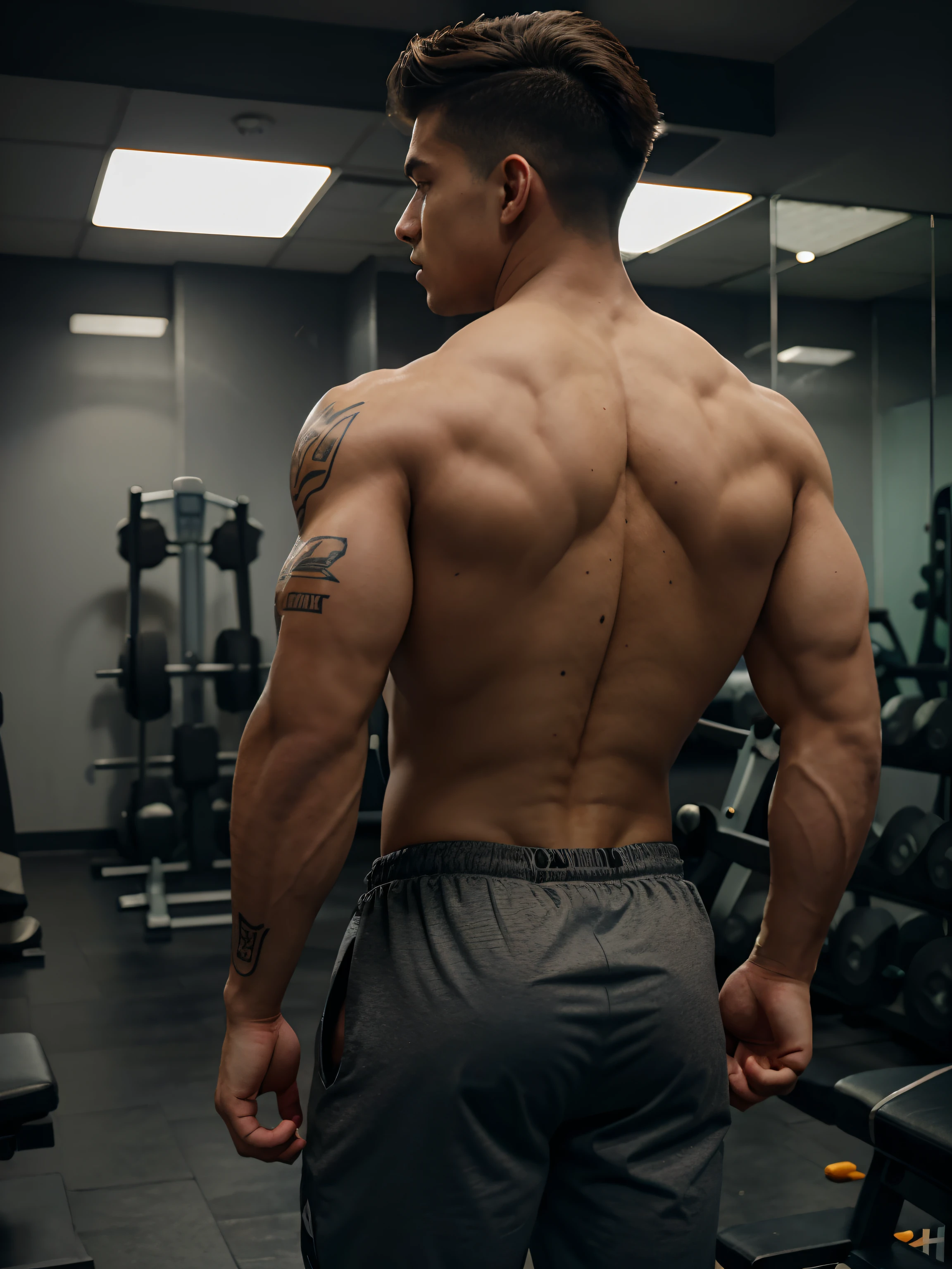 He is a body builder boy,20 years old, body part back side,background gym Center, stylish hair,gym design stylish pant,8k quality, hd details, body have some realistic tatto,high graphic,