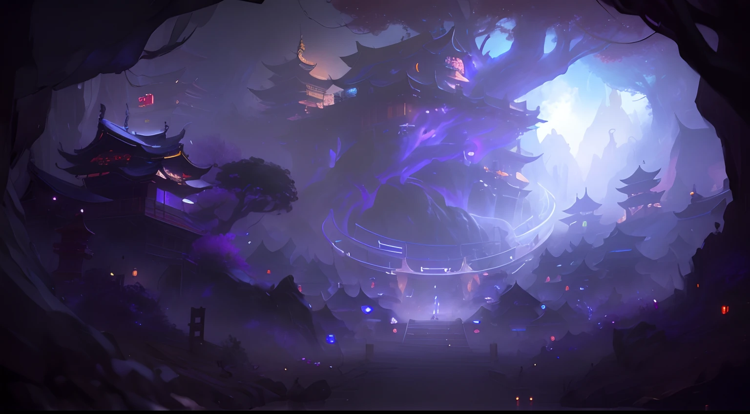 ((masterpiece)), (8k, high_resolution), (best quality), ultra-detailed, (purple lighting), chinese architecture, old chinese town, cinematic lighting, onmyoji detailed art, concept art magical highlight, background artwork, league of legends concept art, magical background, background art, entrance to ethereal realm, dota 2 concept art, riot games concept art, luminescent concept art, mysterious temple setting, magical concept art, odin's stone arena background, traditional japanese concept art, anime scenery concept art, onmyoji detailed art, japanese town, concept art stunning atmosphere, beautiful concept art, 2. 5 d cgi anime fantasy artwork, japanese city, a bustling magical town, dreamy chinese town, colorful kitsune city, beautiful detailed concept art