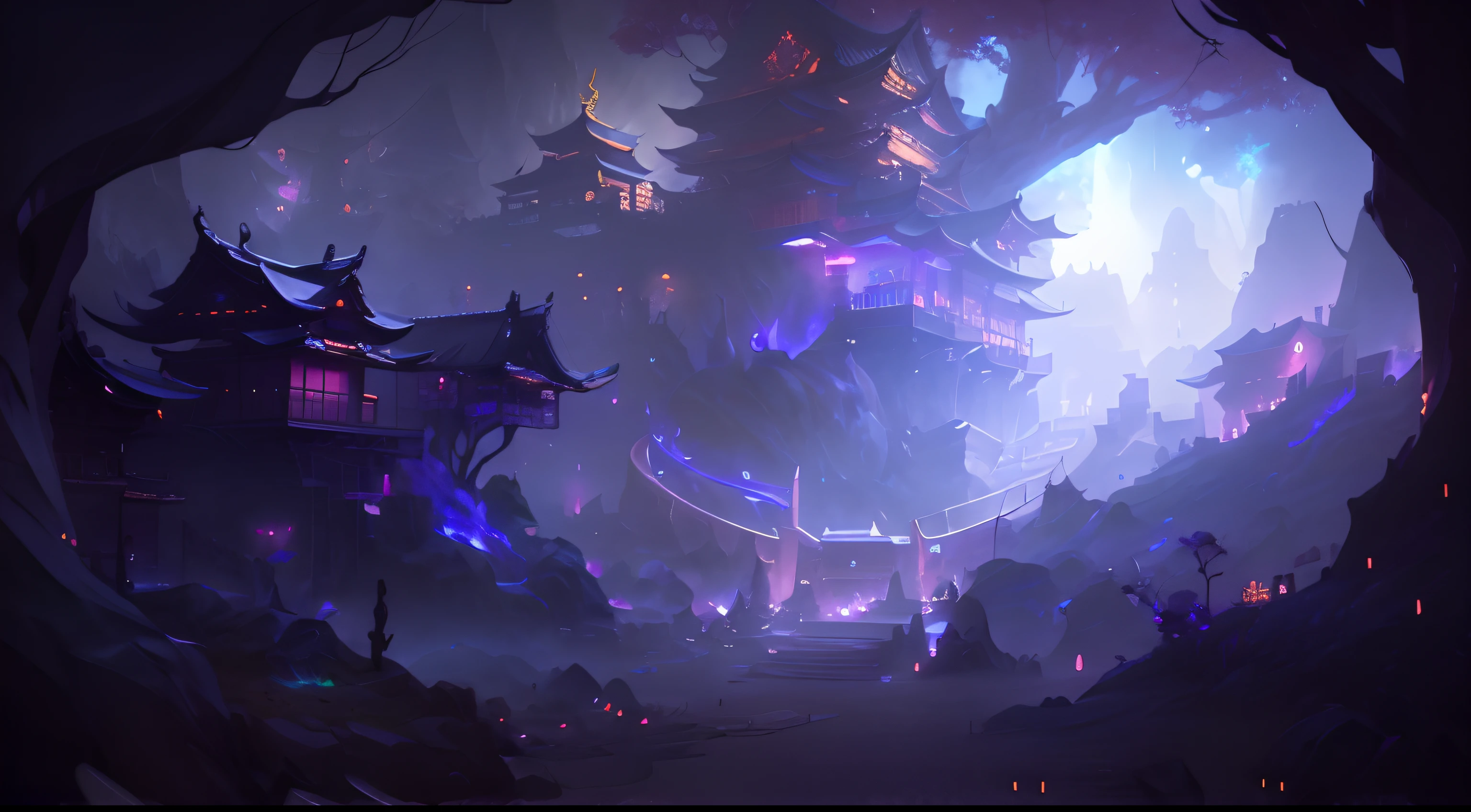 ((masterpiece)), (8k, high_resolution), (best quality), ultra-detailed, (purple lighting), chinese architecture, old chinese town, cinematic lighting, onmyoji detailed art, concept art magical highlight, background artwork, league of legends concept art, magical background, background art, entrance to ethereal realm, dota 2 concept art, riot games concept art, luminescent concept art, mysterious temple setting, magical concept art, odin's stone arena background, traditional japanese concept art, anime scenery concept art, onmyoji detailed art, japanese town, concept art stunning atmosphere, beautiful concept art, 2. 5 d cgi anime fantasy artwork, japanese city, a bustling magical town, dreamy chinese town, colorful kitsune city, beautiful detailed concept art