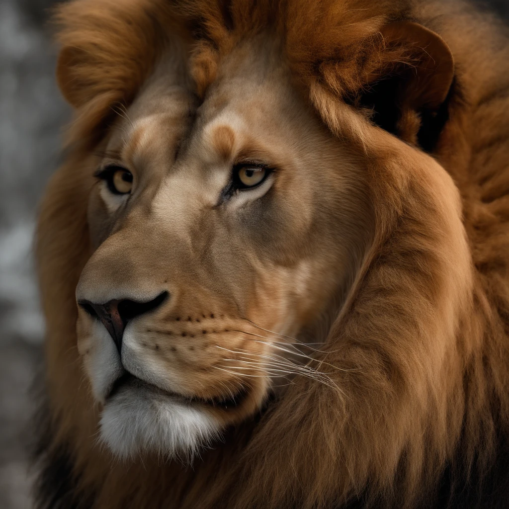 (alto,Realistic,fotorrealista:1.2), (Red majestic lion with fiery mane,rugidos fortes e grandes), (hyper-realistic), (Detailed muscles and hair), (olhar intenso),(fundo escuro, cores contrastantes), (Soft lighting with golden tones)