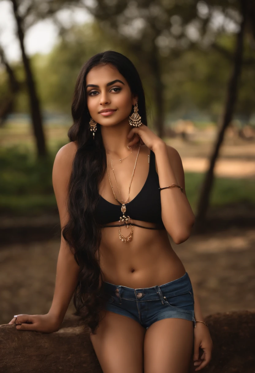 Portrait of an 18 year old cute petit teen, beautiful Indian girl, wearing jewelry, fair skin, cute face, wearing small Little bikini , chest, sexy, small nose, black braided hair, perface cute face, ,at the park, ultra realistic, photorealistic,8K 6 abs in tight jeans from thighs