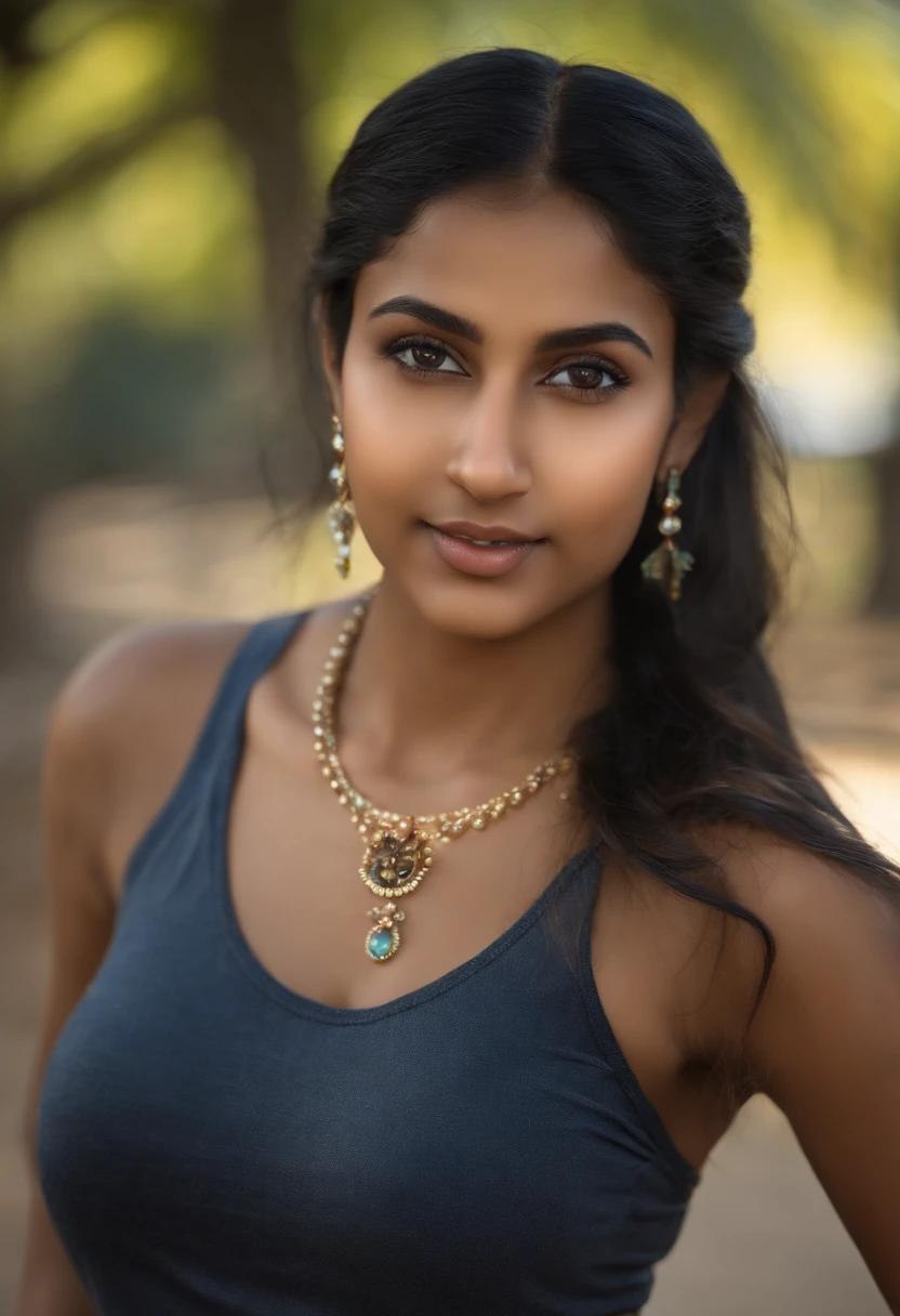 Portrait of an 18 year old cute it teen, beautiful Indian girl, wearing jewelry, fair skin, cute face, wearing small Little bikini , chest, sexy, small nose, black braided hair, perface cute face, ,at the park, ultra realistic, photorealistic,8K 6 abs in tight jeans from thighs