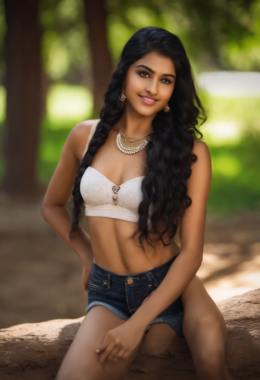 Portrait of an 18 year old cute petit teen, beautiful Indian girl, wearing jewelry, fair skin, cute face, wearing small Little bikini , chest, sexy, small nose, black braided hair, perface cute face, ,at the park, ultra realistic, photorealistic,8K 6 abs in tight jeans from thighs