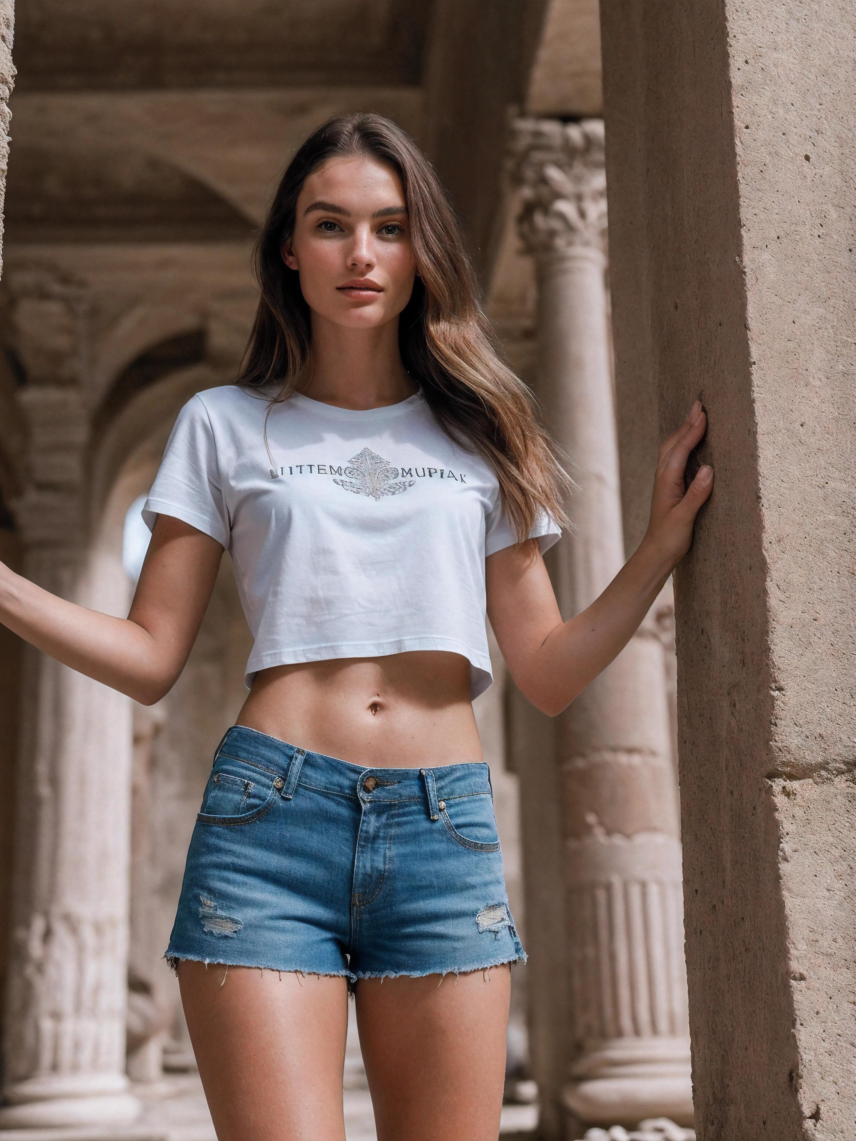 photo of S182_RomeeStrijd,a stunning woman,in a (temple-ruin:1.1),wearing a (shirt:1.2) and a (shorts:1.1),(8k, RAW photo, best quality, depth of field, ultra high res:1.2),(absurdres, intricate, photorealistic, masterpiece, ultra-detailed:1.3),