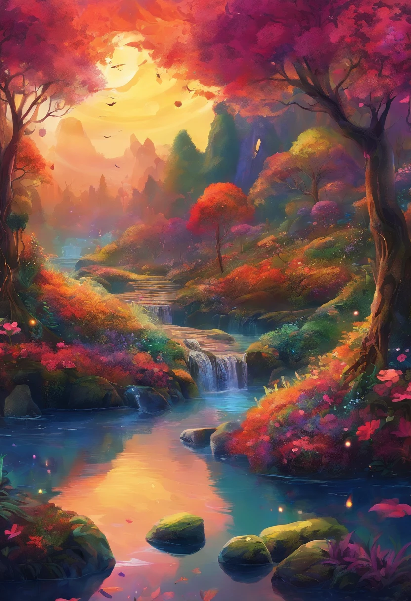 high qulity,8K,Mysterious forest :1.5,Dark style,Lots of a wide variety of prehistoric plants,The colors are bright and rich,Various glowing creatures,Yayoi Kusama,Dreamy,Dreamlike scenery,Rich in color,Colorful colorful