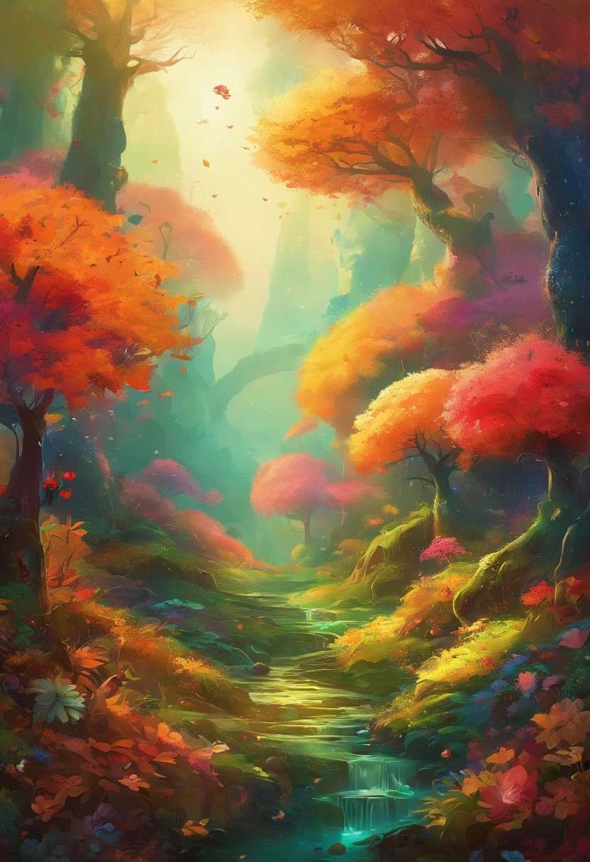 high qulity，8K，Mysterious forest ：1.5，Dark style，Lots of a wide variety of prehistoric plants，The colors are bright and rich，Various glowing creatures，Yayoi Kusama，Dreamy，Dreamlike scenery，Rich in color，Colorful colorful