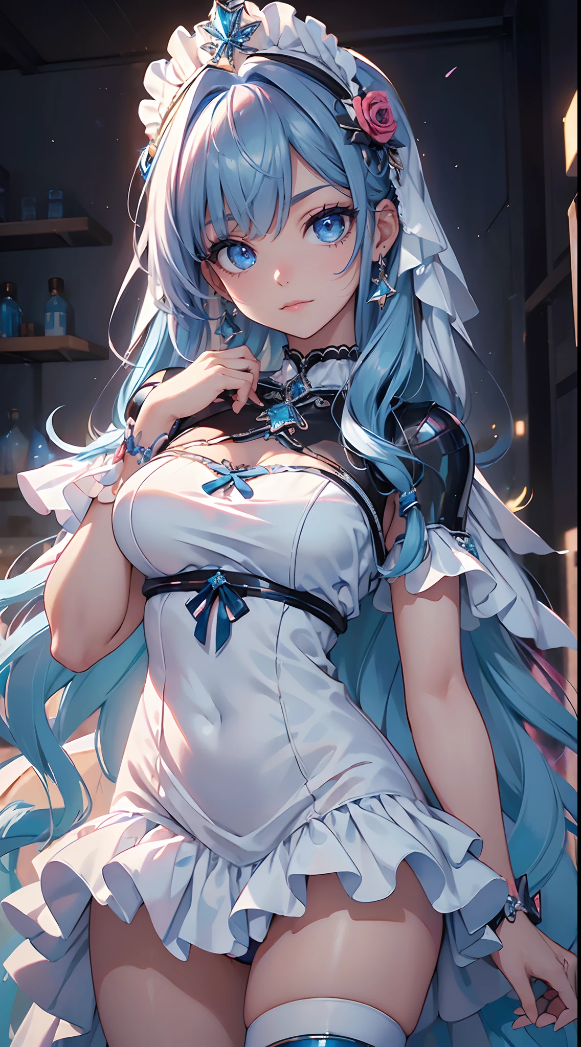 mejor calidad，tmasterpiece，ultimate resolution，Suave，extremadamente colorido，De color，Princesa sirena，(white Vestido ta:1.4)，Medias de tirantes negras，Starrysky Android!,More detailed 8K.motor irreal:1.4,UHD,La mejor calidad:1.4, fotorrealista:1.4, textura de la piel:1.4, obra maestra:1.8,obra-prima, mejor calidad,objeto Objeto], (detailed face features:1.3),(Laboratorio Robotizado azul:1.4),(cabello rosado largo:1.4),（Beautiful and detailed eye description）,(manos:1.4),(mostrando su panties white:1.4),(mostrando espalda:1.4 )