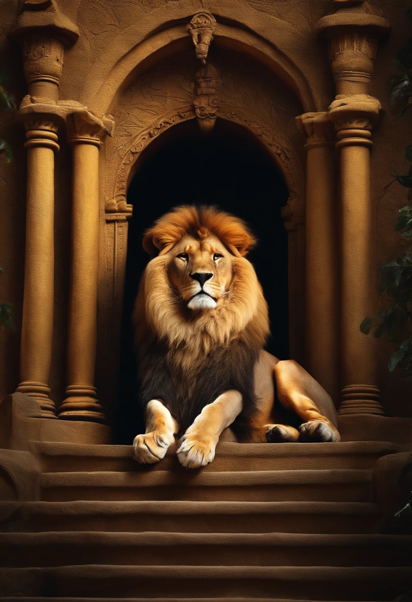 Lion of the tribe of Judah on the throne of a handsome king with a lush crown, belas pedras preciosas e muito ouro