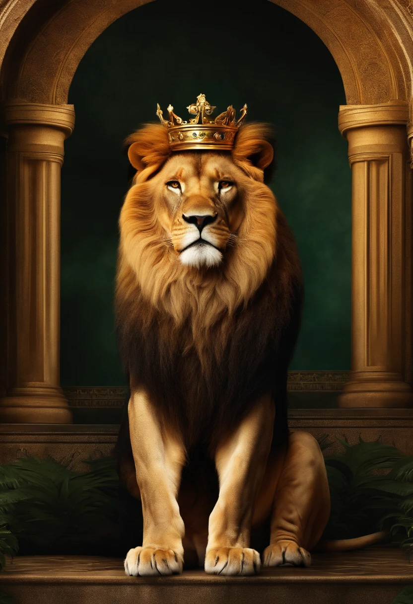 Lion of the tribe of Judah on the throne of a handsome king with a lush crown, belas pedras preciosas e muito ouro
