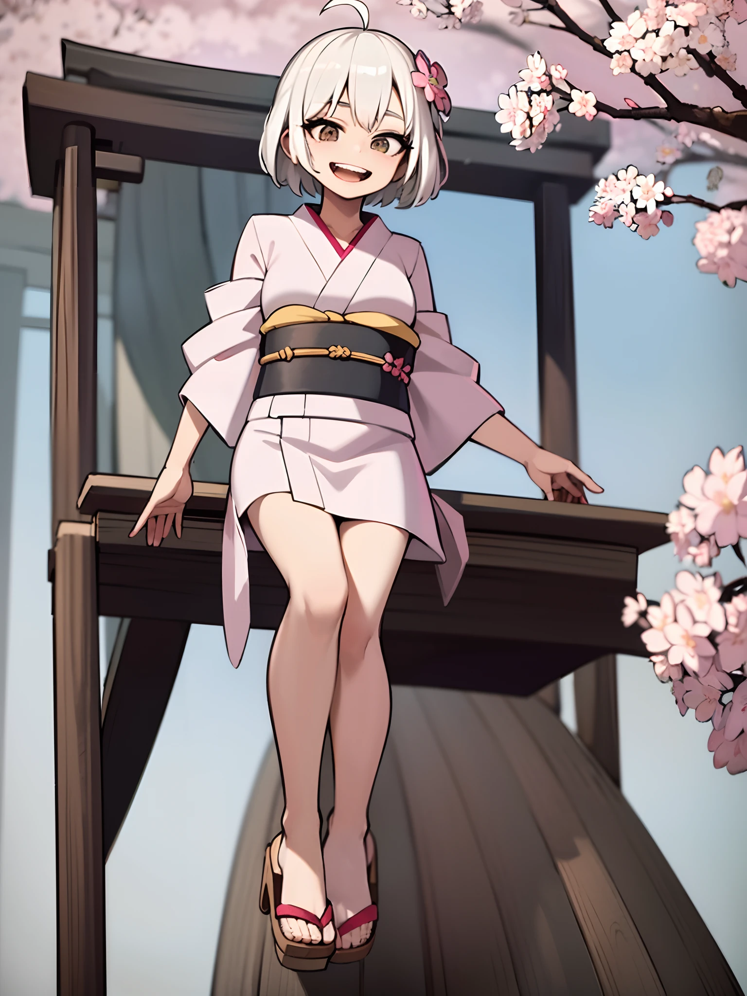 ((Masterpiece, Best quality)), (1girll), (Solo), (female focus), (ahoge, White hair, Short hair), Black eyes, Light smile, Open mouth, ((komono), (Pink cherry blossom kimono), (Japanese Yukata)), ((sandals), (Wooden sandals)), White Sox standing, White background, arms back behind, Dynamic Angle