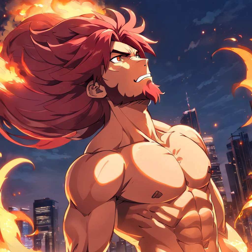 (alto,Realistic,fotorrealista:1.2), (Red majestic lion with burning mane,rugidos fortes e grandes), (Detailed muscles and hair), (olhar intenso),(fundo escuro, cores contrastantes), (Soft lighting with golden tones)