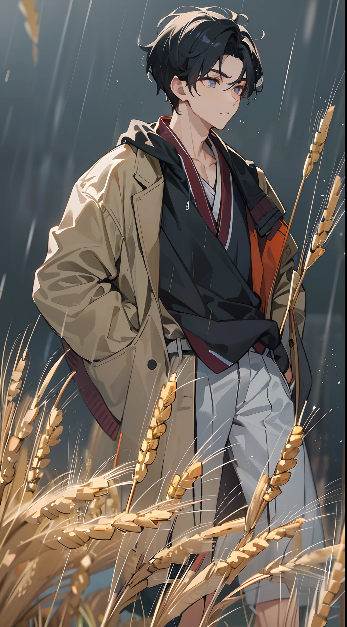 tmasterpiece，Need，超高分辨率，shoun，(with short black hair)，Handsome man，Wheat-colored，Physical Education Student，Walk in the rain，glomy，((The wind blows up clothes))