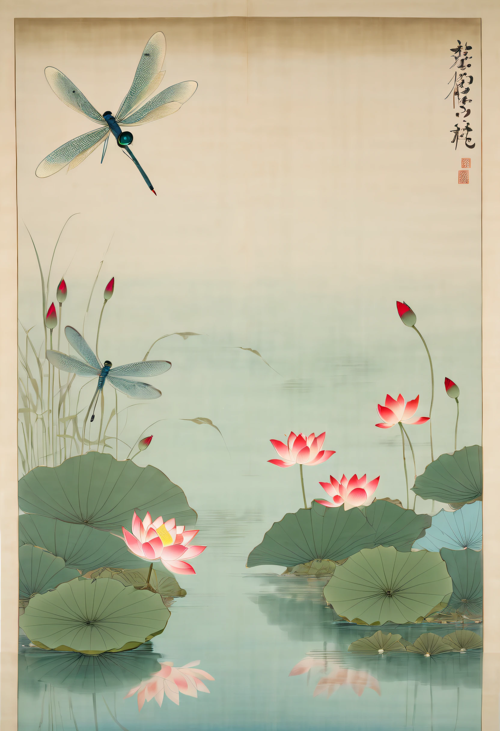 An ancient Chinese poem"There is no lotus blooming, in early puberty, Dragonflies are flying above." is a poetic masterpieceWiththe rhythm of the water as its quideIt sails into the night,side by side.The use of light greensoft blue, tinted in Chinese redand muted earth tones creates a harmonious balanceDepicted in The Song Dynastystyle(960-1279),