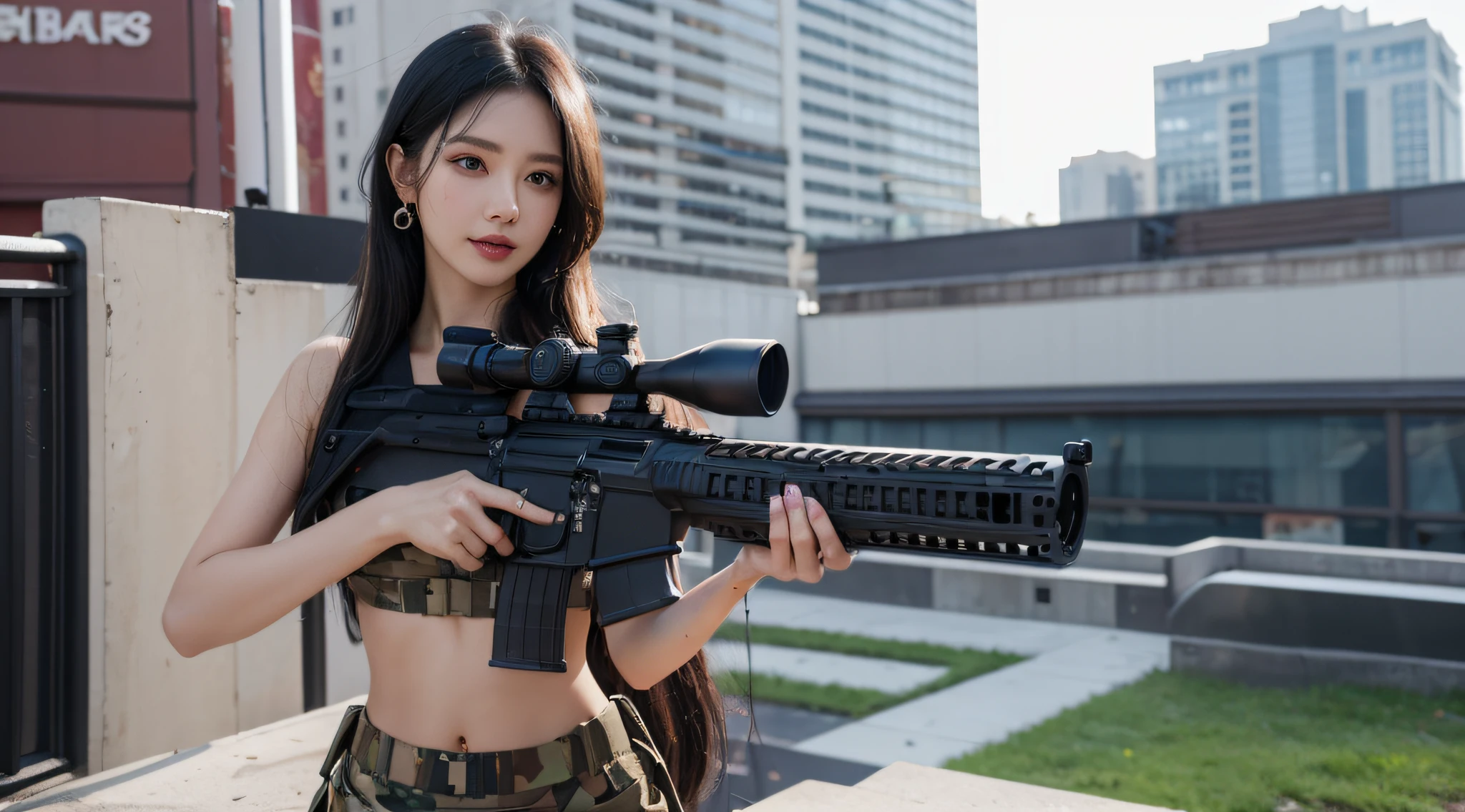 Smiling female sniper，Ambush the roof of the building，Battle background（Roof），Equipped with M16 assault rifle，Hyper-detail photography，Mattire，Golden ratio,Chinese woman、Youthful、Light pink floral underwear、White purple floral lace panties、exposing your navel、long whitr hair、Tall guy、Black hair color、full bodyesbian、photorealestic、the skin is wet，Full breasts，Big chest、largeeyes、perfect anatomia，Rose tattoo，Soldier girl black hair sniper rifle handle, Holding an assault rifle, M16, Inside the city, Very detailed, Perfect face, Black eyes, Lips, Wide hips, Small waist, Tall, Makeup，Wear flower earrings，Bullet necklace，32K Ultra HD，High fineness，highest  quality