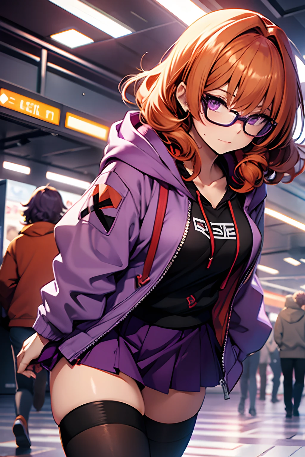 female, Adult, Curly Orange Hair, Purple Glasses, Purple Hoodie, Purple Skirt, Red Thigh Highs