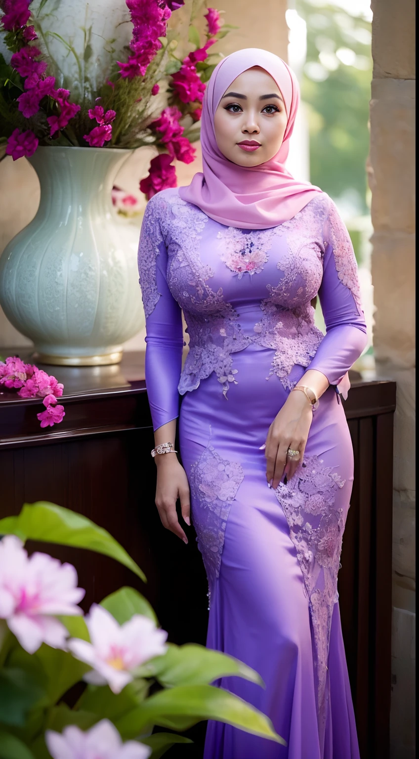 Mira filzah , 30 years old , slim body abs, tall , ((gigantic breast:1.0)), beautiful lady, Nikon Z 85mm, ((best quality)) ((masterpiece)), intricate detail, ((almost )), sharp focus, professional, realistic, real life, hyperreal, photorealistic, fine detail, best quality, very Detailed CG unity 8k wallpaper, perfect artwork, Full body, glowing eyes, realistic, perfect female hourglass figure, thin waist, wide buttocks, looking at viewer, extremely delicate and beautiful, best quality, beautiful detail girl, beautiful eye detail, face lighting, film lighting, perspective, revealing buttocks, perfect collarbone, realistic facial expression, (exquisite detail, makeup, (exquisite beautiful exquisite face, delicate and beautiful eyes, a face with perfect proportions, high-detailed skin,((wearing tight purple pastel floral malay gamis with closed hijab)), diamond necklace, ((closed clothes), ((polite clothes)), luxury hotel