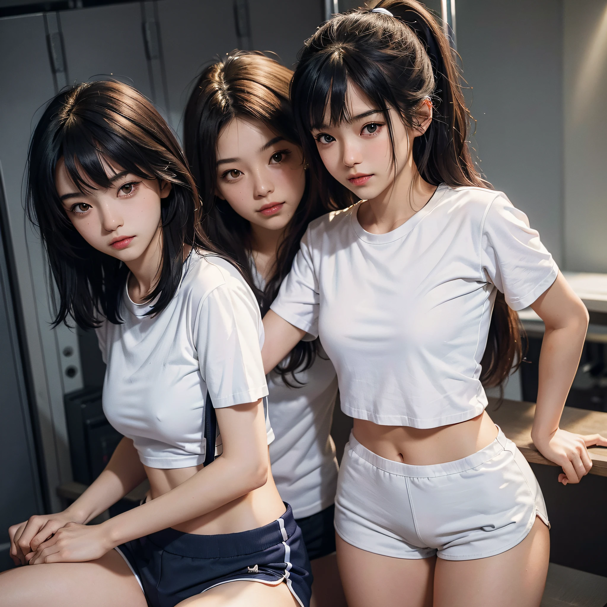 NSTDA., (masterpiece, 10, photorealistic portrait, RAW photo, bestquality, sharp: 1), (1girls, bara:1.1), high detail face, Exquisite Face, (realistic face), beautiful hairstyle, Realistic eyes, beautiful detail eyes, (Realistic skin), nice skin, ultra-high resolution, ultra realistic, high-detail, (pureerosface_v1:0.2), (Ready-made European s:1.2), (Japanese teenboys:0.7), (age is 18 years old, A Beautiful Girl:1.3), (loli:1.3h nose, Slim body, Slender Girl, Chest bracelet details, slim thigh, Thin legs, small hips, (White tight shirt, sports shorts:1.3), Underboob Show, Half striptease, ((Navy tight sailboat)) (Cut the bowl short......, blunt bangs), ((In the women's locker room......)), (looking back), , (From Top:1.0), ((Inverted bones, bench)),See firsthand., Seductive smile.large boobs.Hug each other.